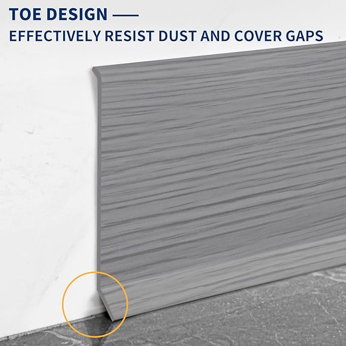 Flexible Baseboard Molding Trim 4 Inch Self-Adhesive Vinyl Wall Base Peel and Stick Cove Base Rubber Wall Baseboard Moulding Trim (20Ft, Light Gray Wood Grain)