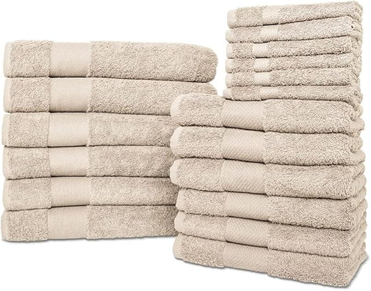 Hencely 18-Piece Bath Towel Set - High Absorbency, Quick Drying - 100% Soft Turkish Cotton - 6 Bath Towels, 6 Hand Towels, 6 Washcloths - Bathroom, Home, Hotel, Spa, and Gym - 18-Pack Beige