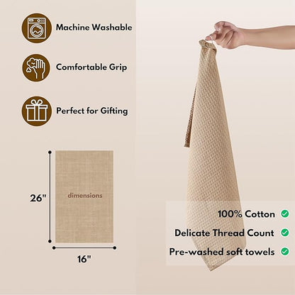 Native Fab Cotton Kitchen Towel with Hanging Loop 16x26 inches, 6-Pack, Waffle Weave Kitchen Towels for Cleaning Drying, Washcloths Soft & Absorbent Cloth Rags, Bar Towel, Dish Cloth, Beige