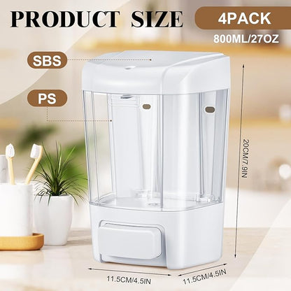 Hushee 4 Pcs Plastic Wall Mounted Soap Dispenser Commercial Manual Soap Containers Wall Dispenser for Kitchen Shower Hotel Liquid Shampoo Gel Chamber(27 oz 800 ml,White)