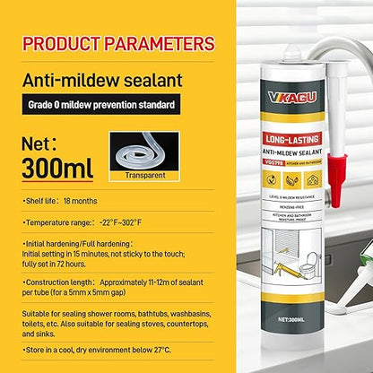 VGS 798 Professional Silicone Sealant Caulk 10.15 Oz Tube for Kitchens & Bathrooms, White, 100% Waterproof Silicone Sealant, Shrink-Resistant & Crack-Resistant