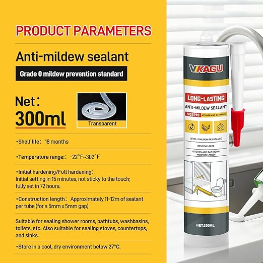 VGS 798Professional Silicone Sealant Caulk 10.15 Oz Cartridge, 12 Pack - for Kitchen & Bathroom, Clear, 100% Waterproof Silicone Sealant,Shrink & Crack Proof