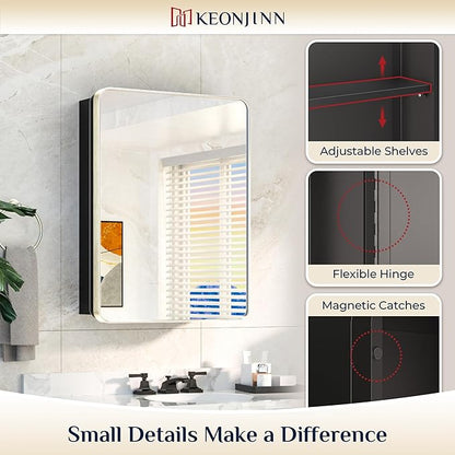 Keonjinn 20 x 26 Inch Brushed Nickel Recessed Medicine Cabinets, Bathroom Mirrored Medicine Cabinet, Brushed Nickel Stainless Steel Framed, Adjustable Shelves, In Wall or Surface Mount, Sturdy, Modern