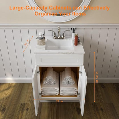 ROOMTEC Bathroom Cabinet, 27'' Free Standing Single Bathroom Vanity with 1 False Drawer and 2 Doors,Morden Bathroom Sink Vanity Storage Cabinet, Shaker White