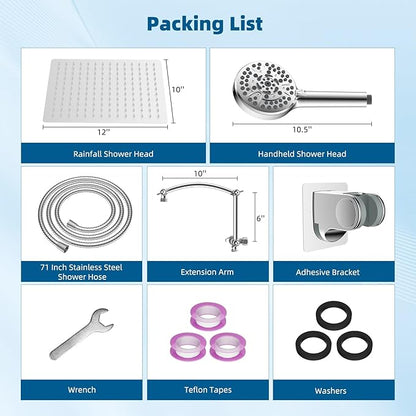 Hibbent All Metal Shower Head, 12'' High Pressure Rain Shower Head/Handheld Showerhead Combo with 16'' Adjustable Arc-shaped Extension Arm, 10 Sprays, 71'' Hose, Adhesive Showerhead Holder, Chrome