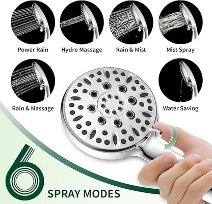 Shower Head, 6 Spray Modes Handheld Showerhead, High Pressure Hand Shower with 59 Inch Stainless Steel Hose and Adjustable Shower Head Holder, Chrome
