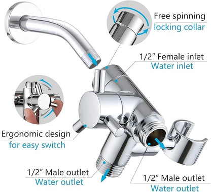 PDPBath Solid Brass 3 Way Shower Arm Diverter Valve with Handheld Holder for Dual Shower Heads with G1/2 Universal Connection - Chrome