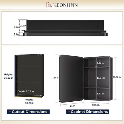 Keonjinn 20 x 26 Inch Brushed Nickel Recessed Medicine Cabinets, Bathroom Mirrored Medicine Cabinet, Brushed Nickel Stainless Steel Framed, Adjustable Shelves, In Wall or Surface Mount, Sturdy, Modern