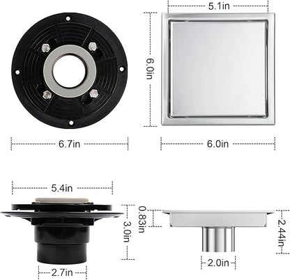 6 Inch Square Shower Floor Drain, Shower Drain Kit with Flange and 2 in 1 Tile-Insert Cover, Square Shower Drain, SUS 304 Stainless Steel Floor Drain,Silver