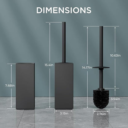 FORIOUS Toilet Brush and Holder Set, Heavy Duty 304 Stainless Steel Base Square and Long Handle for Bathroom Deep Cleaning, Drip-Proof, Space Saving for Storage, 2 Toilet Bowl Brush Head, Black