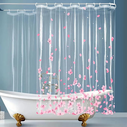 Clear Pink Floral Shower Curtain Liner, Cute Plastic Transparent Cherry Blossom Shower Curtain, Girly Flower Petals Spring Shower Curtains for Bathroom, 72x78 Shower Curtain Set with Magnets 12 Hooks