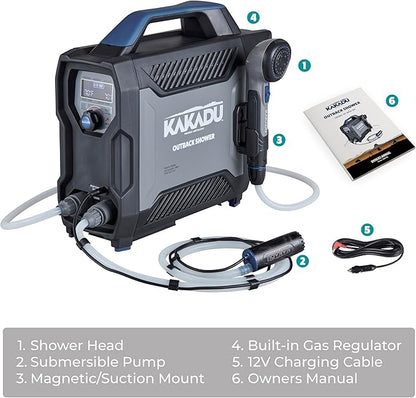Kakadu Portable Camping Outback Shower, Instant Hot Water for Outdoor Use - Slimline Design, Rechargeable Lithium Battery, Adjustable Shower Head, Slim Pump, Digital Display