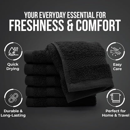 DAN RIVER 12-Pack Premium 100% Cotton Black Face Towels – Reusable Face Towel Set, Soft & Absorbent Rough Wash Cloths for Bathroom & Body – Hand and Face Towels, 550 GSM (12x12 in)
