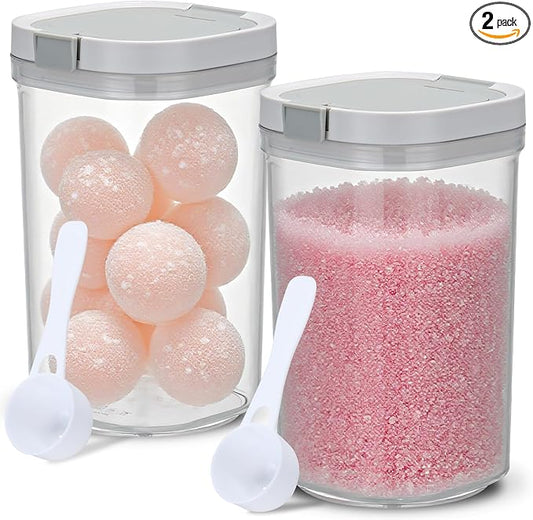 2 Pack Bath Salt Jar with Pop-Up Airtight Lid and Scoop, 1.8L Plastic Airtight Storage Canister Bathtub Accessories for Bathroom Salt, Flour, Candy, Tea