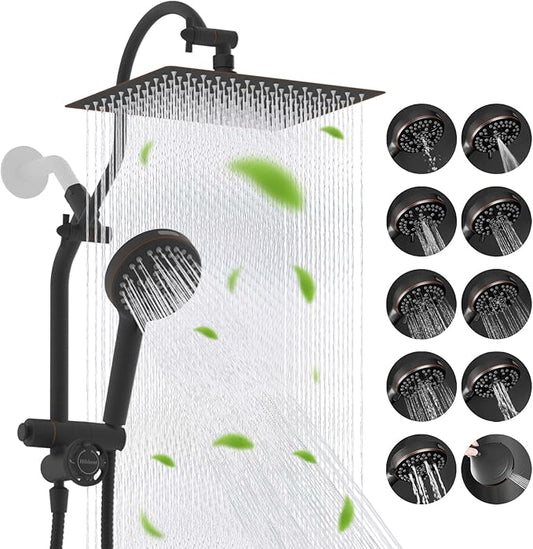 Hibbent cUPC Certified All Metal 12" Rainfall Showerhead Combo, High Pressure Shower Head with 10-Sprays Handheld, 4-way Diverter with Pause Mode, 71'' Shower Hose & Holder, Oil Rubbed Bronze