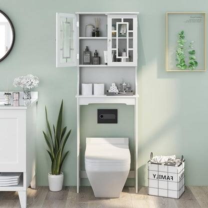 COSTWAY Over The Toilet Storage Cabinet, Bathroom Shelf Over Toilet, Double Door Bathroom Storage Cabinet Organizer with Adjustable Shelf, Open Shelf (White)