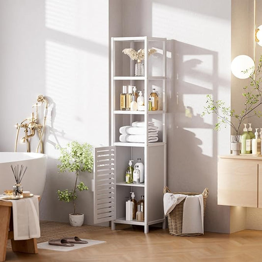 HITNET Bathroom Tall Cabinet, Floor Standing Bamboo Storage Cabinet with 6 Shelves and Shutter Door for Kitchen Living Room, White