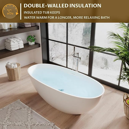 65" Resin Stone Freestanding Bathtub, Soaking Tub, Ergonomic Design, Easy Installation for Modern Spa Bathrooms, Matte White