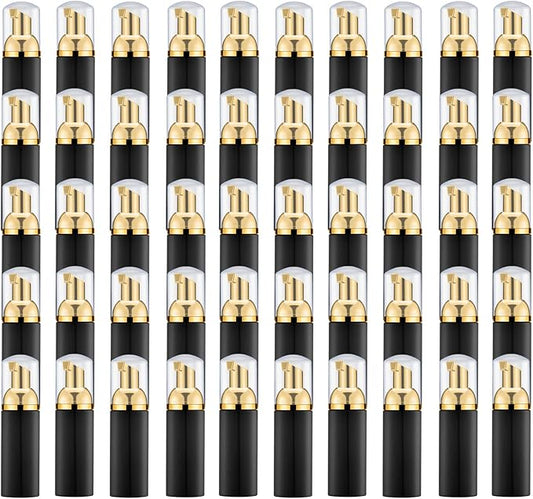 2 Oz Empty Foam Pump Bottle (50 PCS) Travel Foaming Soap Dispenser for Hand Soap, Lash Shampoo Cleanser (Black&Gold Pump&Clear Cap)