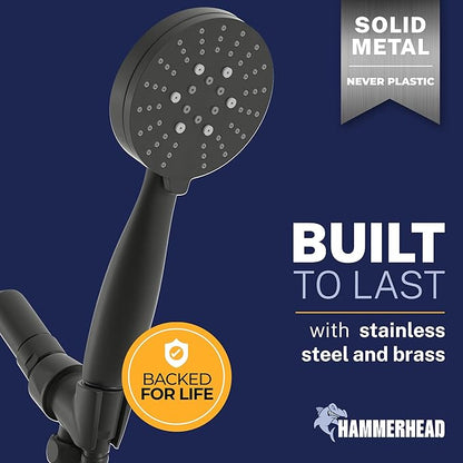 HammerHead Showers® Solid Metal 3-Spray Handheld Shower Head with Long Hose and Holder - MATTE BLACK - 2.5 GPM High Pressure Shower Head with Handheld Sprayer - WIDE, MASSAGE, and MIST Sprays