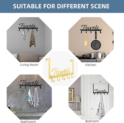 Over The Door Hooks - Heavy Duty Towel Rack with 5 Coat Hooks for Bedroom Kitchen, Gold Bathroom Decor