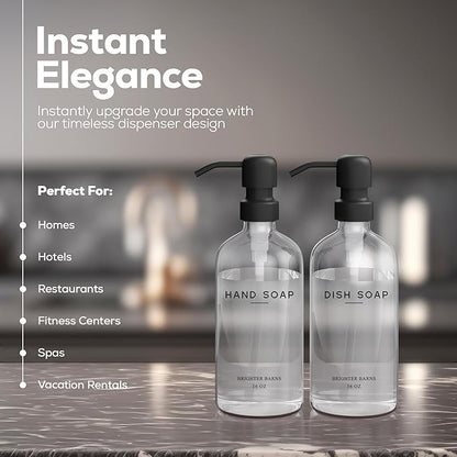 Clear Glass Hand and Dish Soap Dispenser Set by Brighter Barns - Kitchen Soap Dispenser Set & Pump - Glass Bottles for Kitchen Sink - Neutral Home Decor, Modern Farmhouse Bathroom Accessories (Clear)