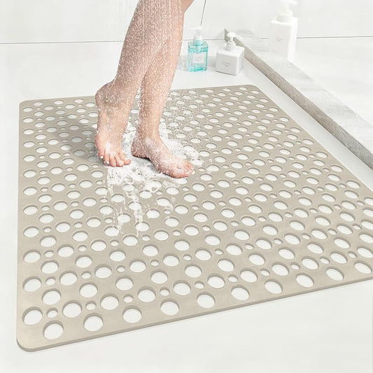Anti Slip Shower Mat with Suction Cups,27x27 Inch Quick Drain TPE Non Slip Shower Mats for Inside Shower,Large Bath Mat for Shower Soft on Feet, Easy to Dry&Cut Machine Washable