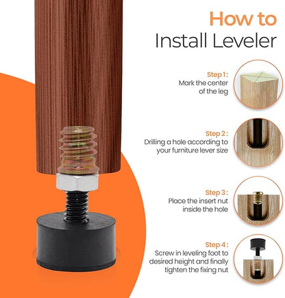 5/16 Rubber Adjustable Furniture Leveler，8 Pack Leveling Feet Screws in Threaded, Feet Levelers Screw On Furniture Glide Leveling for Table, Chair, Furniture Legs
