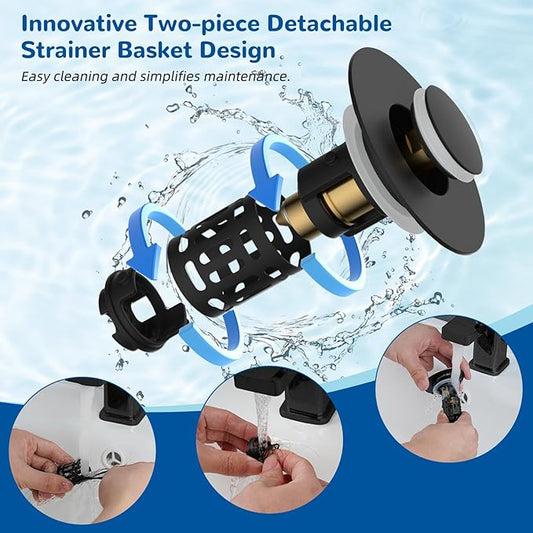 Hibbent 3 Pack 3 in 1 Bathroom Sink Drain Strainer, Universal Pop Up Stopper, Removable Stainless Steel Filter Basket Hair Catcher, Sink Plug for 1.1''~2.36'' Basin, Brass Bullet Core, Matte Black