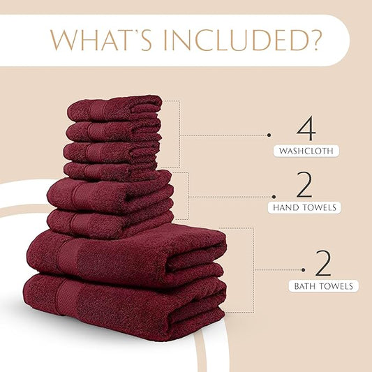 MAURA Burgundy Bath Towel Set of 8 for Bathroom. Turkish Cotton Luxury Bath Towels Extra Large, Thick, Plush & Soft. Hotel & Spa Quality - Burgundy