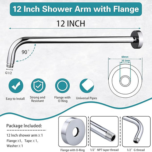 12 Inch Shower Arm with Flange,Stainless Steel 90 Degree Rain Shower Head Extension Arm,Wall-Mounted Shower Head Arm for Fixed Shower Head,Chrome