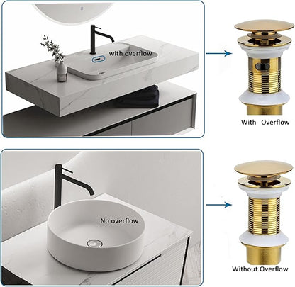 Bathroom Sink Drain, Gold Drain Stopper Bathroom Sink Without Overflow,Pop Up Drain Assembly with Detachable Strainer Basket,Built-in Anti-Clogging Strainer,Stainless Steel