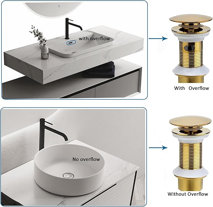 Bathroom Sink Drain, 2 Pack Gold Drain Stopper Bathroom Sink with Overflow, Pop Up Drain Assembly with Detachable Strainer Basket, Built-in Anti-Clogging Strainer,Stainless Steel