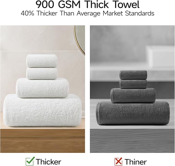 REDKISS Ultra-Plush Bath Towel Set - 900GSM Premium Thick Cotton for Bathroom & Spa, Super Absorbent Quick-Dry Bath Sheets with No Shedding (4-Piece Set for Adults, Luxury Hotel & Home Use)-White