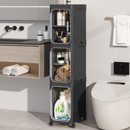 KHNR 3-Tiers Slim Bathroom Storage Cabinet, Foldable Storage Cabinets,Narrow Bathroom Storage,Movable Bathroom Storage Organizer for Small Spaces,Bathroom,Kitchen,Laundry,Black