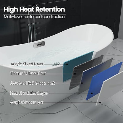 67 Inch Acrylic Freestanding Bathtub, Soaking Bathtub with Matte Drain and Overflow, Modern Square Tub with Deep Ergonomic Design, Double-Walled Insulation for Bathroom Relaxation, cUPC Certified