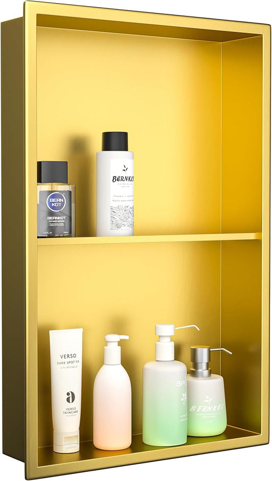 Stainless Steel Shower Niche 14"×24" Gold with 2-Tiers Shelf No Tiled Needed Niche Shower for Wall Recessed Shower Box for Bathroom Shower Storage