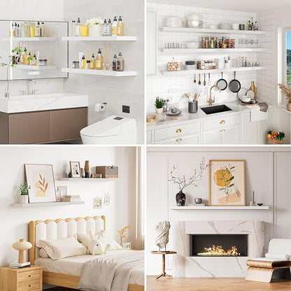 Heimlove Floating Shelves for Wall 48 Inches Long,9.3" Deep White Floating Shelf Set of 2,Wall Mounted Shelves for Bathroom Bedroom Living Room Kitchen Office,Shelf for Books Storage Room Decor