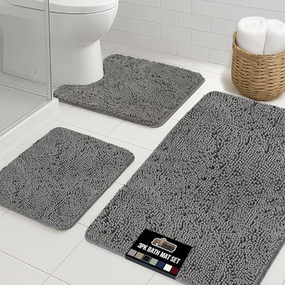GORILLA GRIP Bathroom Rug Sets 3 Piece, Bath Mat Set and Oval Toilet Base with Rubber Backing, Plush Absorbent Shaggy Chenille Washable Mats, Includes 24x19.5, 24x17 and 36x24 Inch Rugs, Grey
