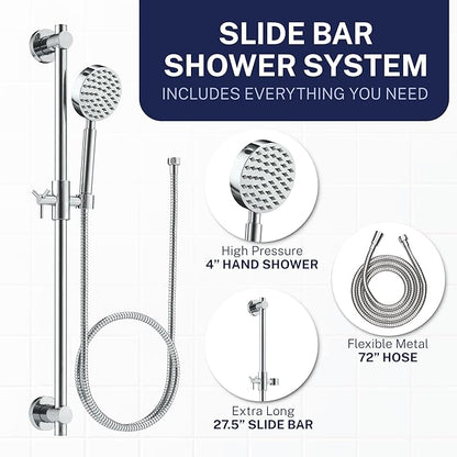 HammerHead Showers® SOLID METAL 27.5 Inch Shower Slide Bar Set and Handheld Shower Head with Hose — CHROME — 1.75 GPM Low Flow Spray Wand — Easily Adjust Height & Angle of Handshower