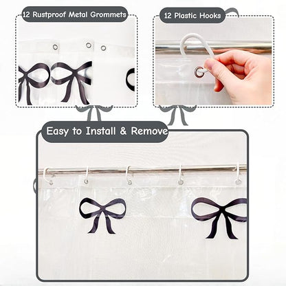 Clear Cute Black Bow Shower Curtain Liner, Plastic Transparent Girly Fancy Shower Curtain, Aesthetic Preppy Shower Curtain Bow Bathroom Decor for Women, 72x72 Shower Curtain Set with Magnets 12 Hooks