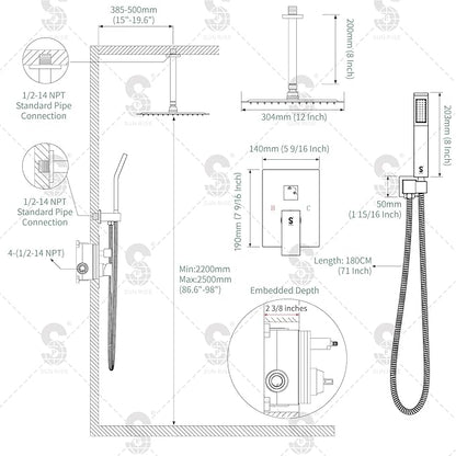 SR SUN RISE 12 Inch Ceiling Mounted Shower System Rain Mixer Shower Combo Set Rainfall Shower Head System Brushed Gold Shower Faucet Trim Repair Kits with Shower Rough-in Valve Body and Trim