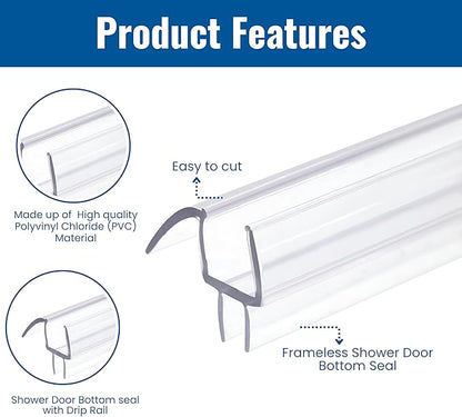 KC Hardware Frameless Shower Door Bottom Seal Strip with Drip Rail - Shower Door Seal Sweep for 3/8 Inch Thick Glass - Acts as a Leak Guard to Prevent Water Leaks - 36 Inch - Ultra Clear - Pack of 1