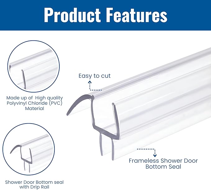KC Hardware Frameless Shower Door Bottom Seal Strip with Drip Rail - Shower Door Seal Sweep for 3/8 Inch Thick Glass - Acts as a Leak Guard to Prevent Water Leaks - 39 Inch - Ultra Clear - Pack of 1