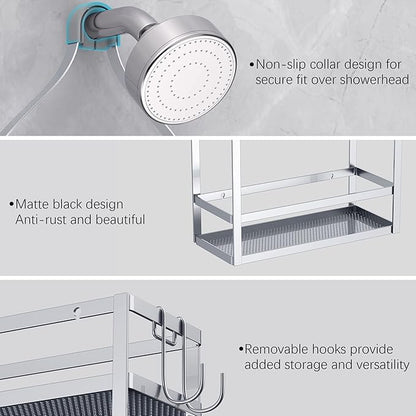 Meangood Shower Caddy, Silver Hanging Shower Caddy Organizer 10.4" x 4.5" x 22.04" Over Shower Head Big Capacity for Shampoo, Conditioner with Hooks for Razor/Sponge