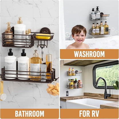 LEVERLOC Shower Caddy Suction Cup, 2 Pack Shelves for Inside with Hooks and Soap Holder, NO-Drilling Bathroom Holder, Rustproof Meatl Bathroom Organizer, Brown