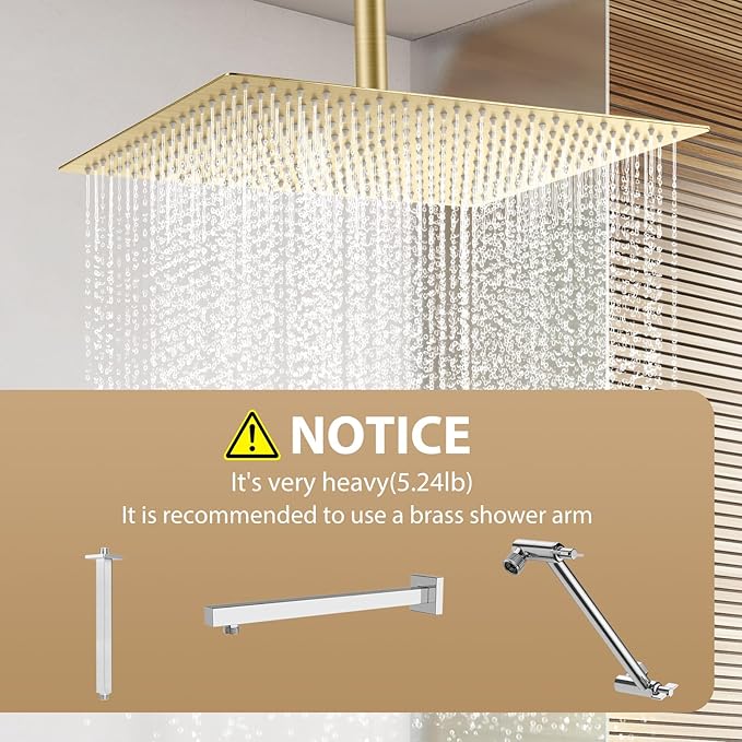 Gold Rain Shower Head, 16 Inch Ultra Thin 304 Stainless Steel Square Rainfall Shower Head, Full Body Coverage with 324 Silicone Nozzle Waterfall Showerhead