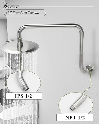 PHASAT S Shaped Shower Arm,Shower Arm Extension Brushed Nickel,High Rise Shower Arm with Flange,Shower Head Extension Arm,PU9L01-M