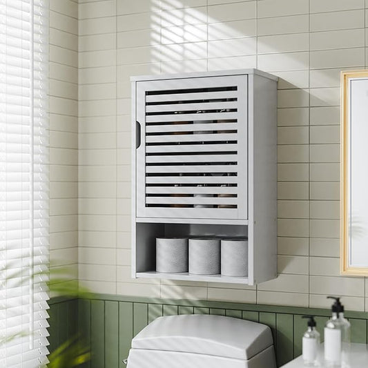 HITNET Bathroom Cabinet Over Toilet, White Medicine Cabinet, Hanging Cupboard with Single Door and Open Bottom Shelf, Wall Mounted Bamboo Storage Organizer