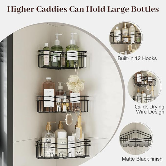 Black corner shower caddy with depth caddy and Built in 12 hooks rustproof wall mounted No drilling No marring adhesive bathtub corner storage for bathroom kitchen and laudry room